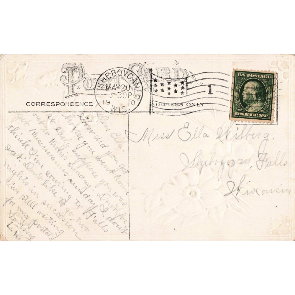 Vintage 1909 Sincere Wishes Postcard Pink Roses Sailboat Sunset Sheboygan WIS VG - Picture 2 of 2